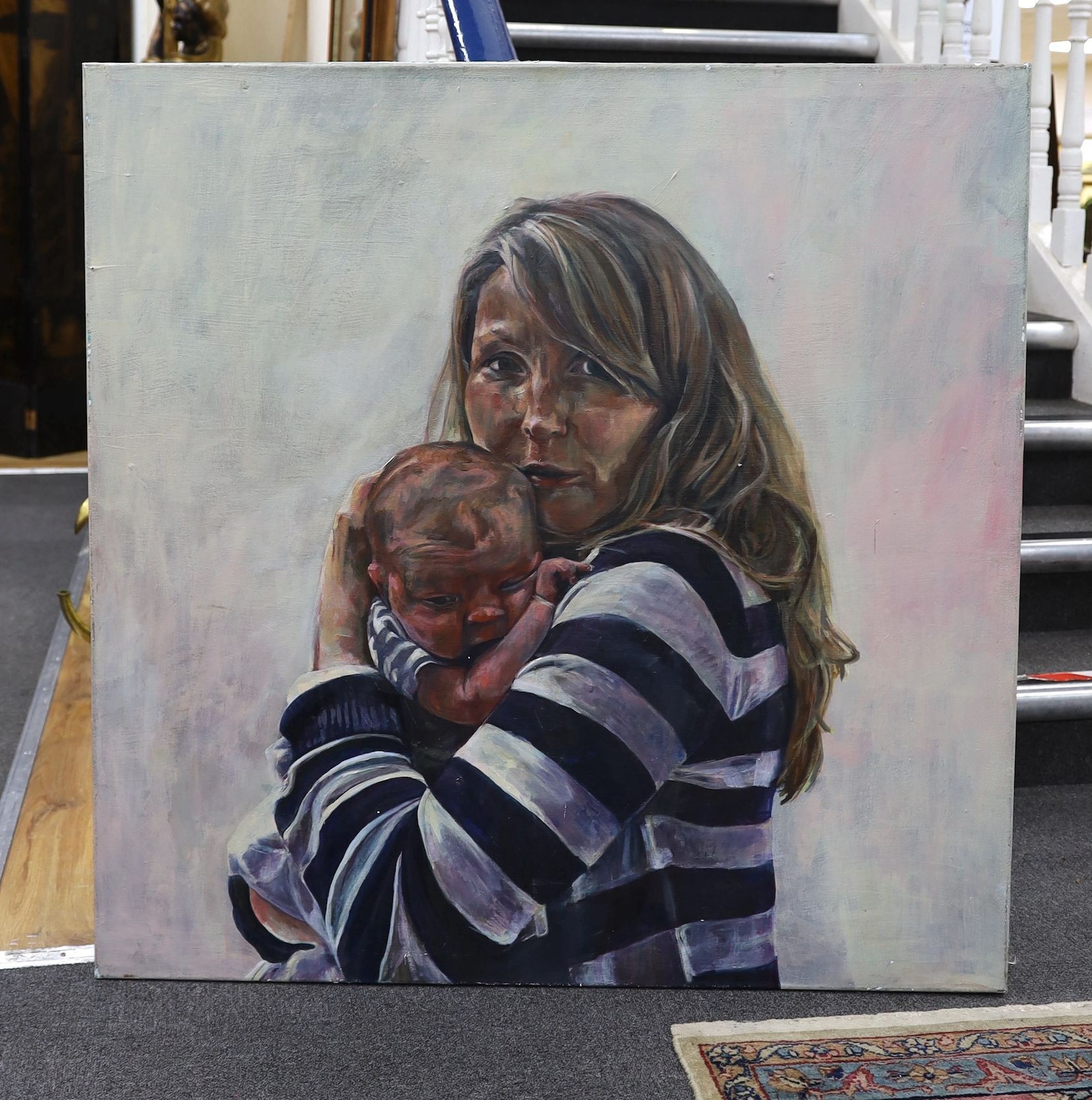 Linda de Canha Payne (Contemporary), mixed media on canvas, Portrait of a mother and child, signed and dated 2012 verso, Mall Galleries label verso, Hesketh Hubbard exhibition, 102 x 102cm, unframed